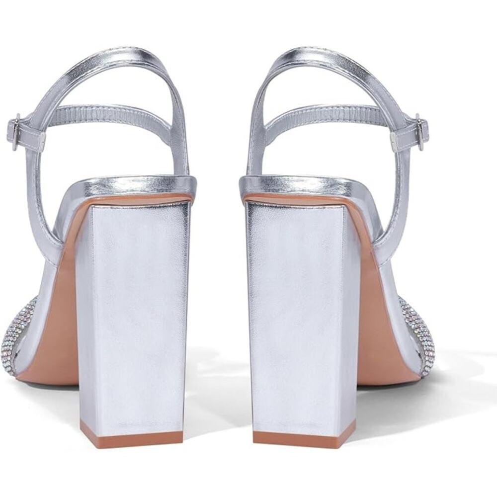 Elisabet Tang Rhinestone Ankle Strap Silver Block Heels Square Sandal Shoe - Picture 3 of 6